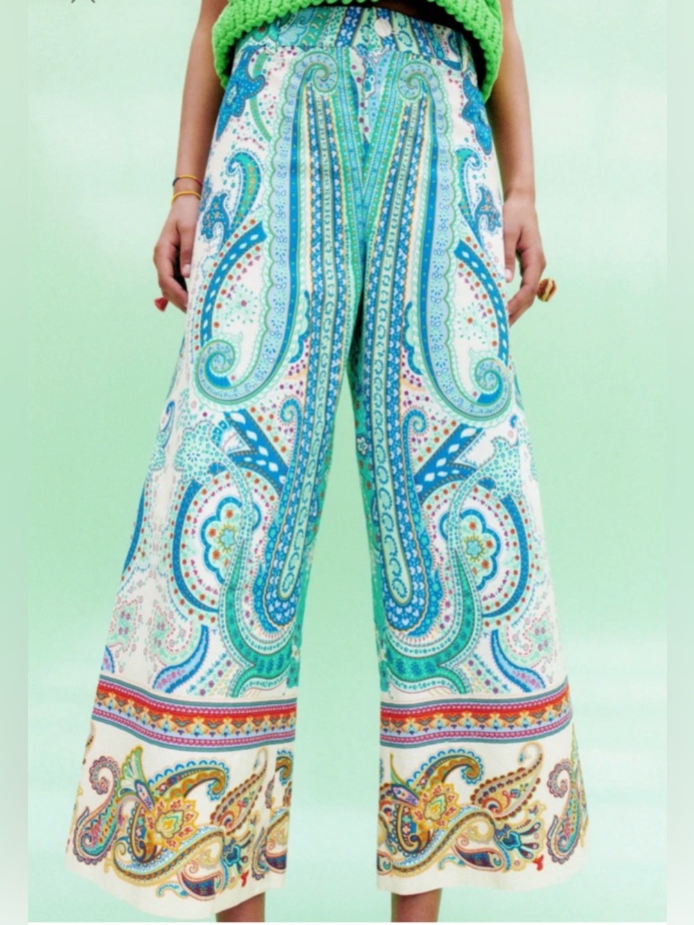 Zara Paisley Print Cropped Wide Leg Pants Cotton Summer Boho Size S NWOT
